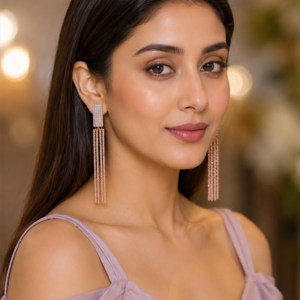 model wearing rosegold weatern long earrings