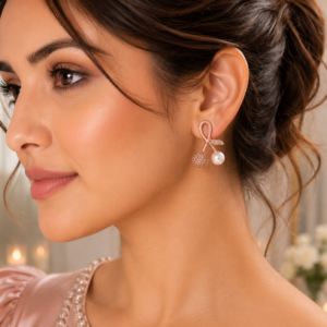 model wearing ribbon style earring with pearl